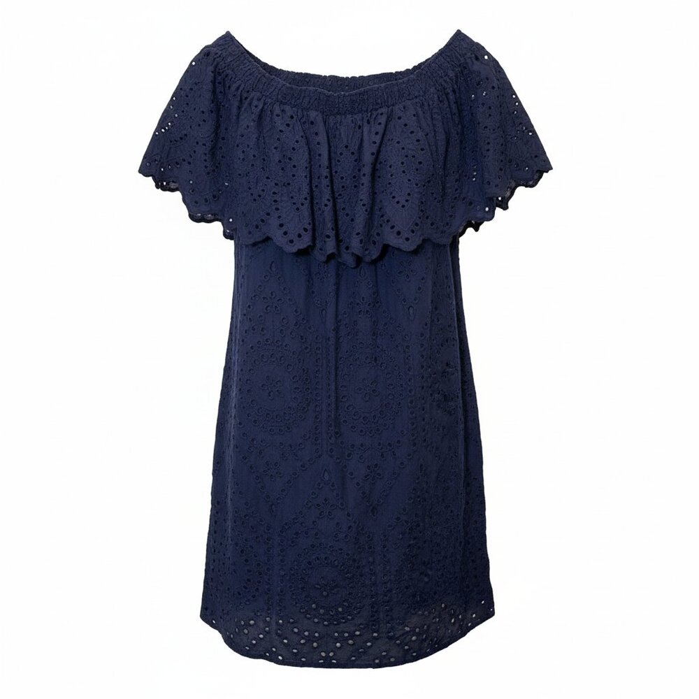 Navy Eyelet Off Shoulder Dress Large Boho Embroidered Resort Beach Vacation